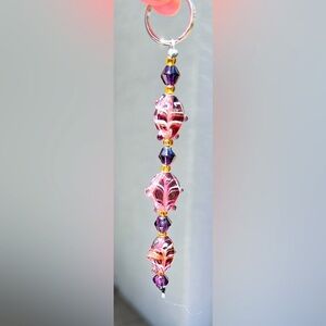 Beaded Handmade Bag Charm / Keychain, Purple & Gold Glass FISH - ONE OF A KIND